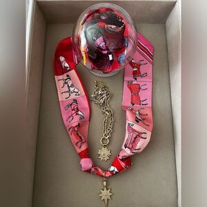 Pink Horse Stripe Knotted Scarf Twilly-Like Charm Necklace